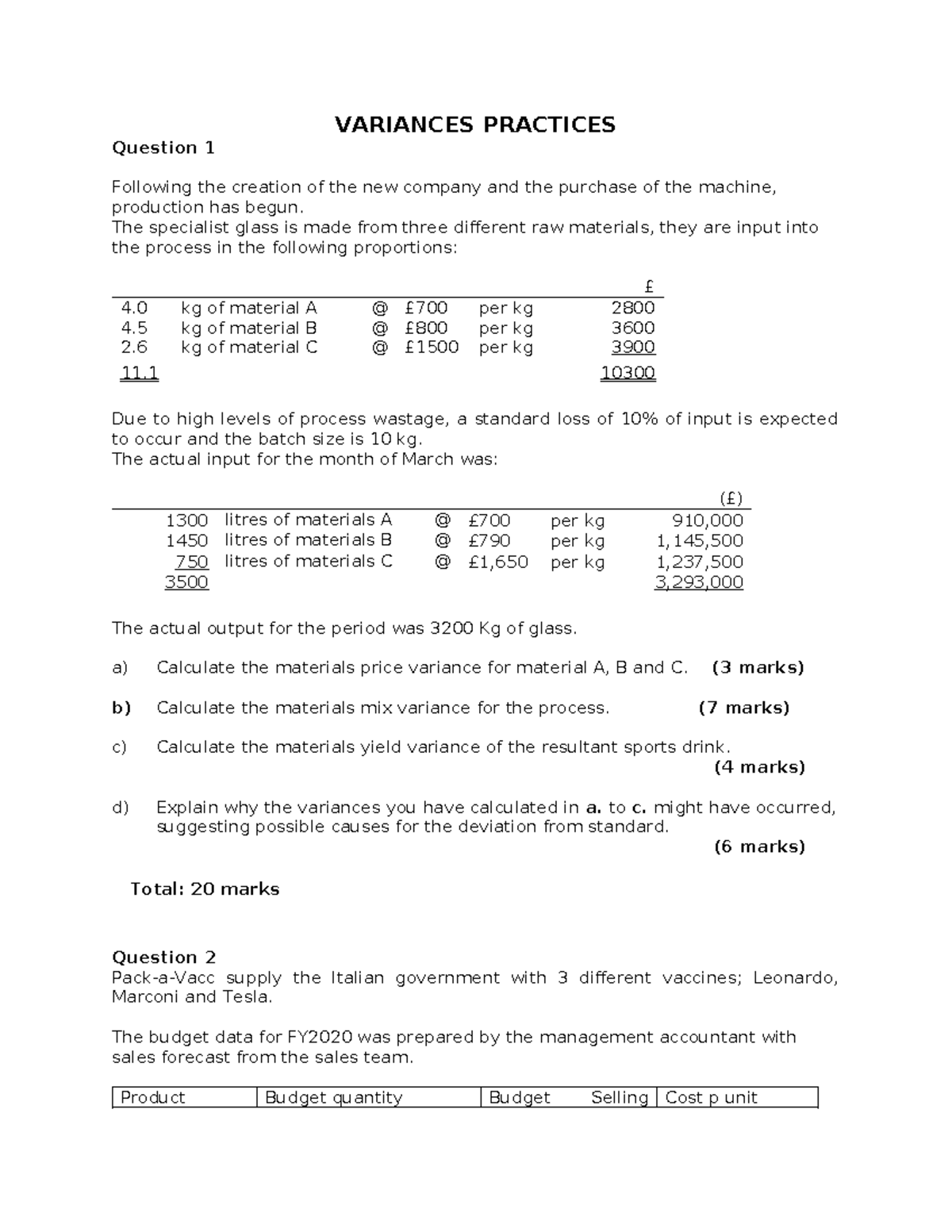 Variances Practices - Exercise on Material and Sales Variances - Studocu