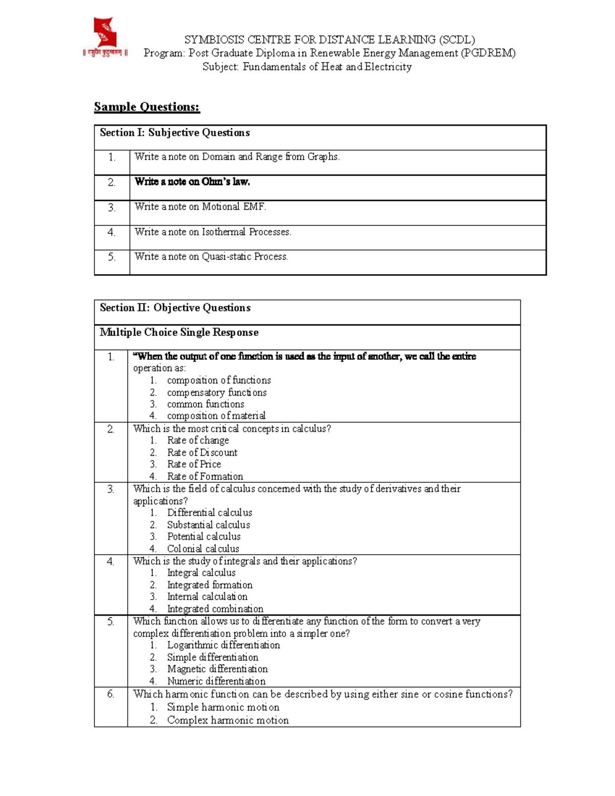 SCDL PGDREM: Sample Questions on Heat and Electricity Fundamentals ...