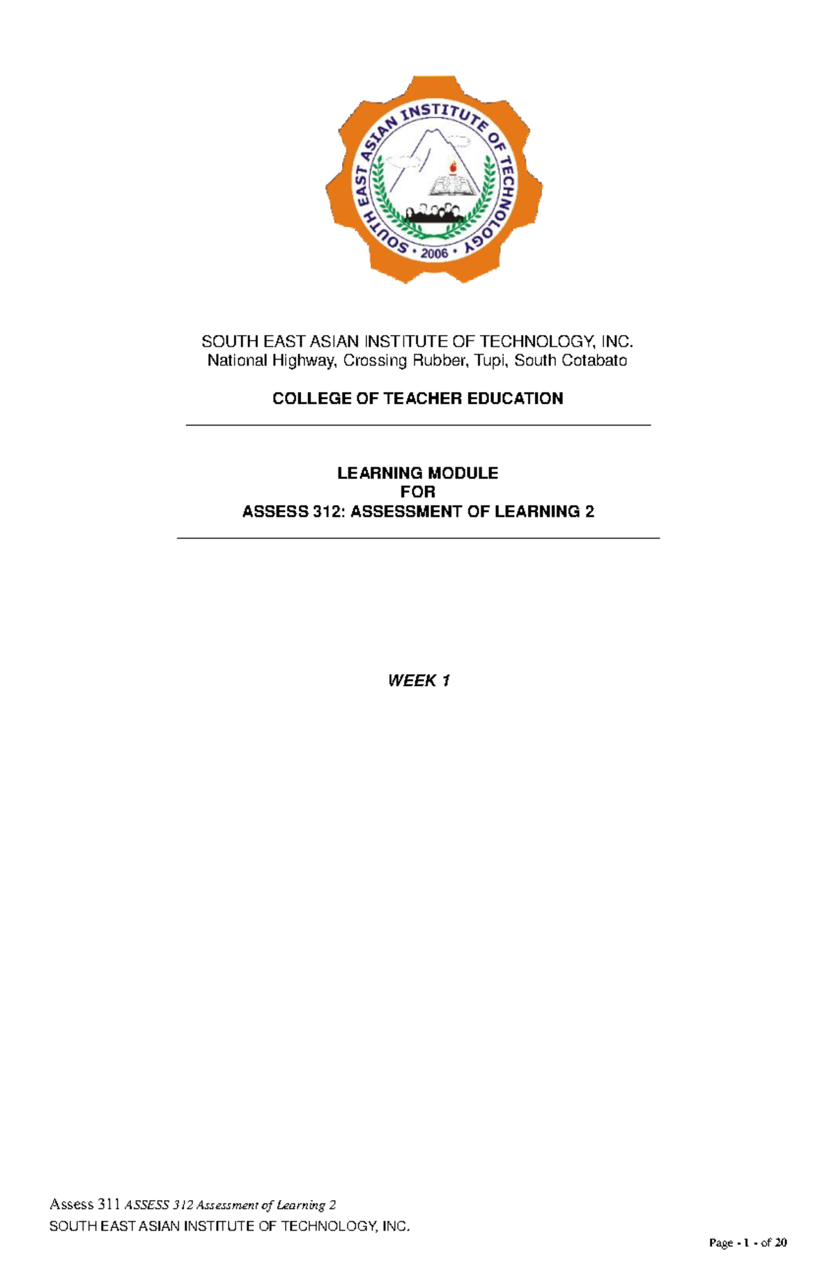 Learning Module for Assess 312: Assessment of Learning 2 - Week 1 - Studocu