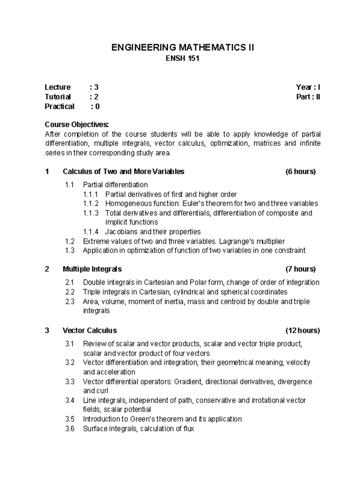 ENSH 151 Engineering Mathematics II Lecture Notes and Tutorials - Studocu