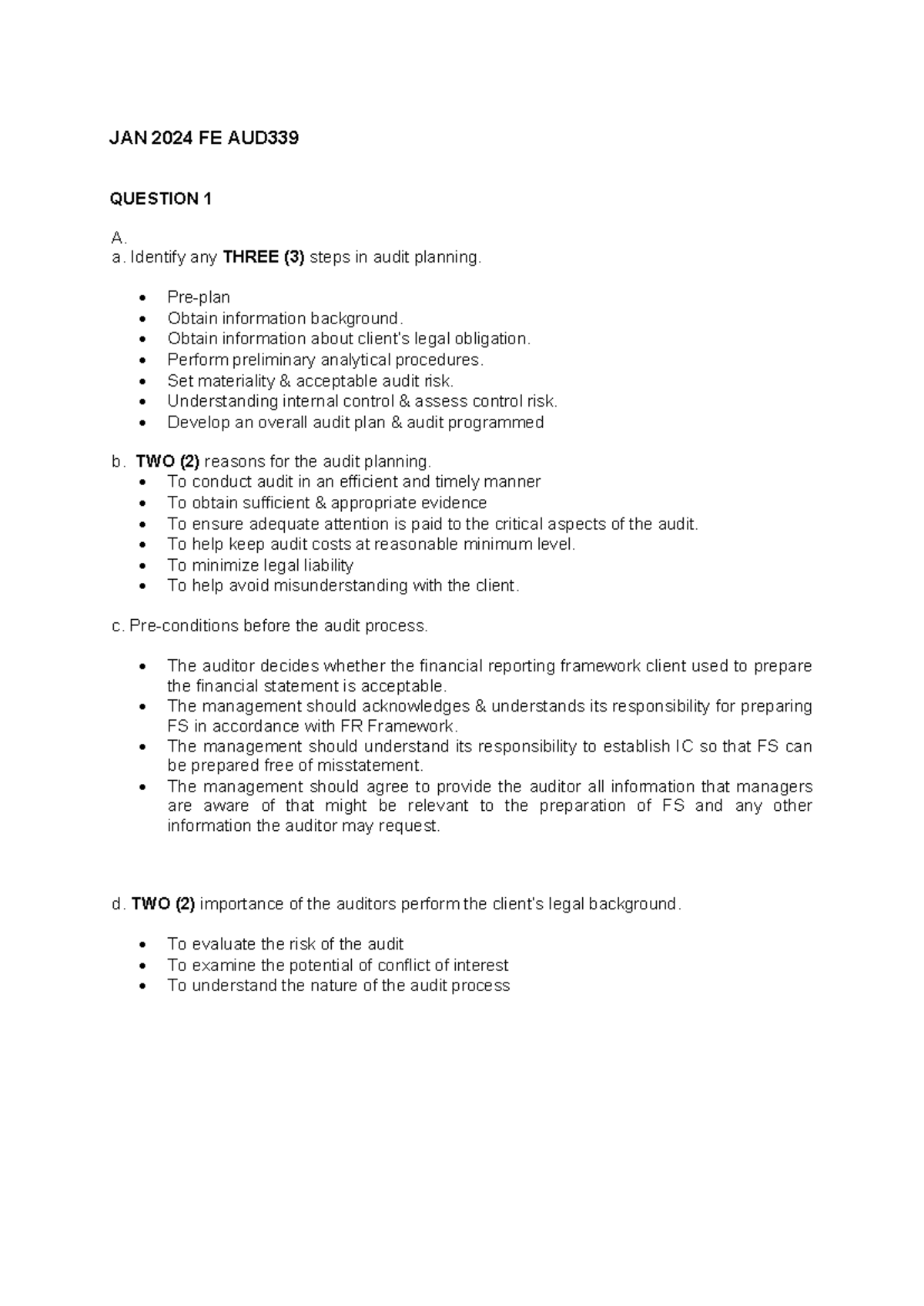 FE JAN 2024 AUD339 Audit Planning and Management Assertions Guide - Studocu