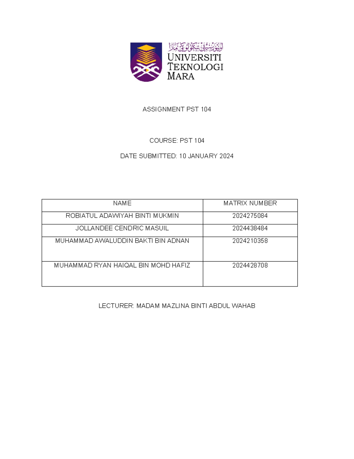 Assignment PST 104 - Scientific Analysis of Production Processes - Studocu
