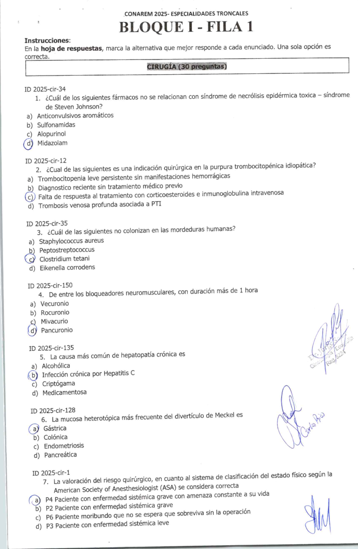 CONAREM ESPECIALIDADES TRONCALES BLOQUE I FILA 1 Matriz de Respuestas Correctas - Document Preview