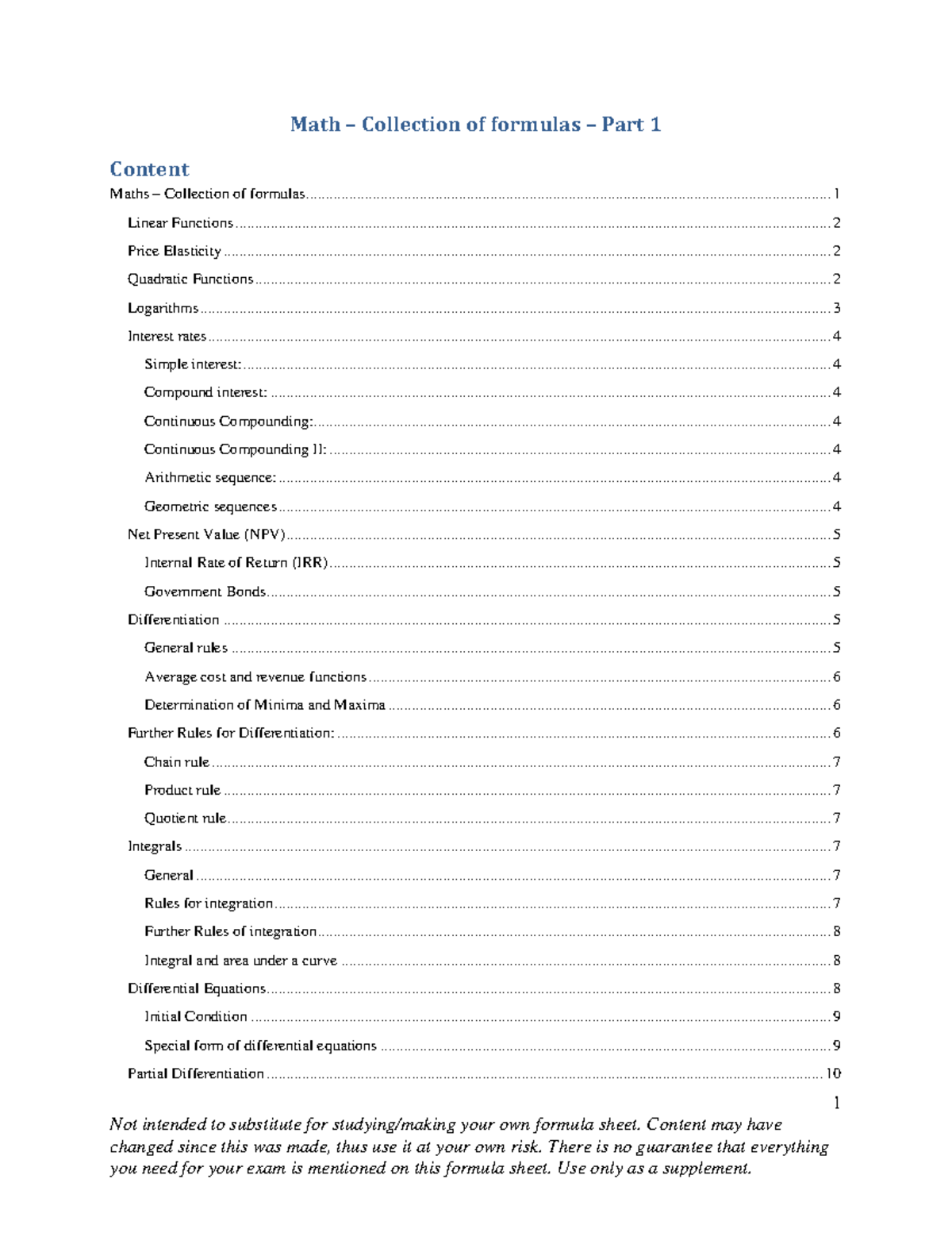 Formulas Sheet - Summary for Wiskunde (Math) Concepts and Rules ...