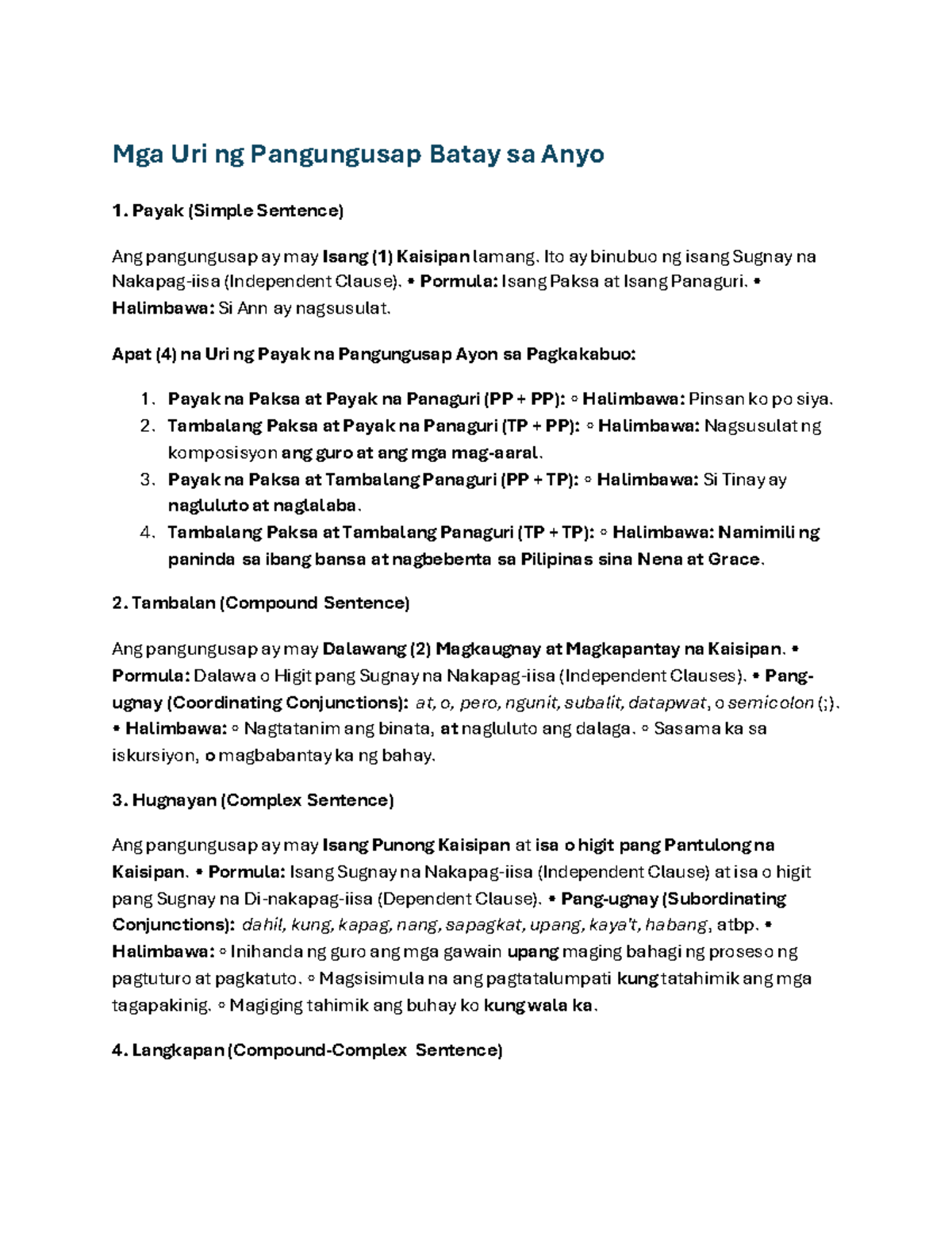 Mga Uri ng Pangungusap: Payak, Tambalan, Hugnayan, Langkapan - Studocu
