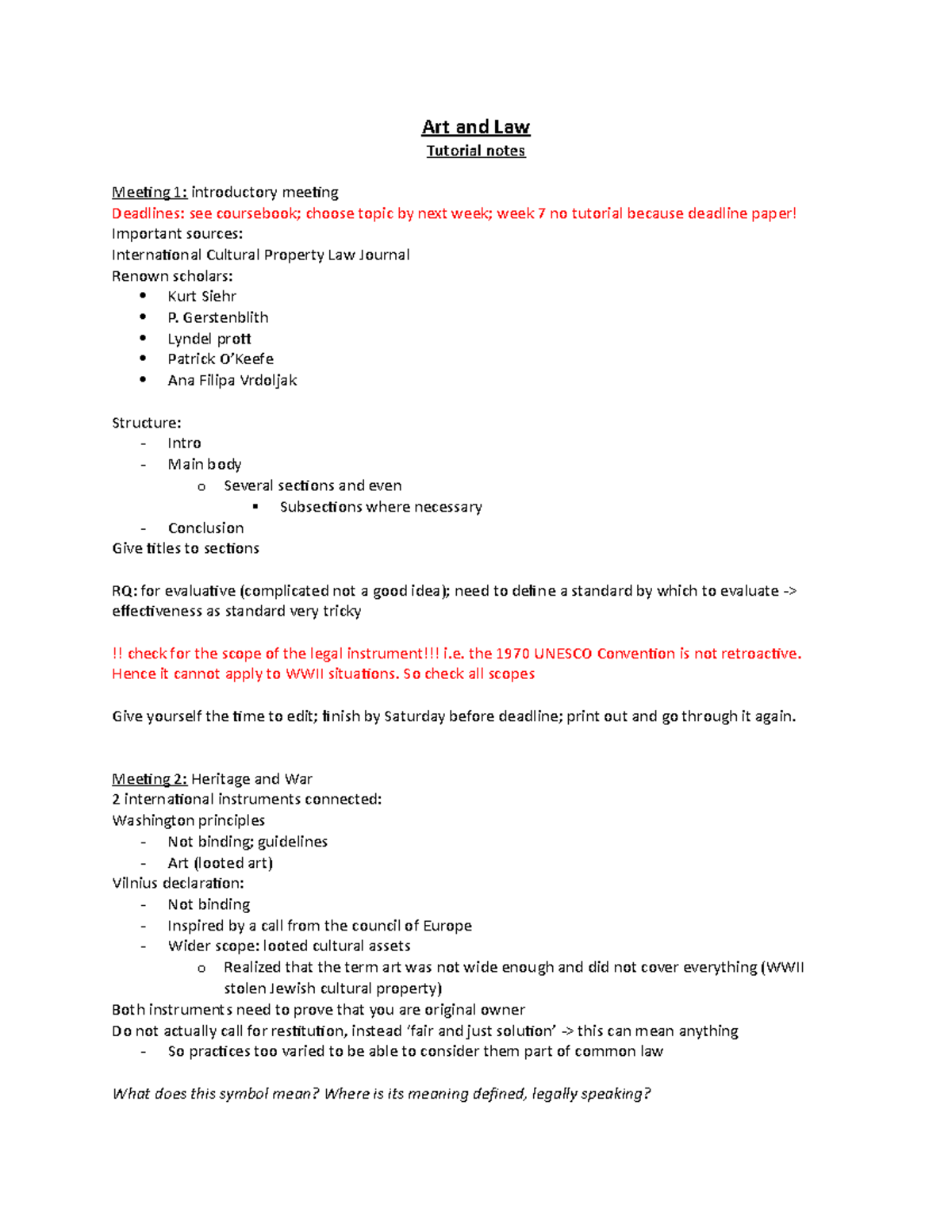 Art and Law: Detailed Tutorial Notes for Course ALAW101 - Studeersnel