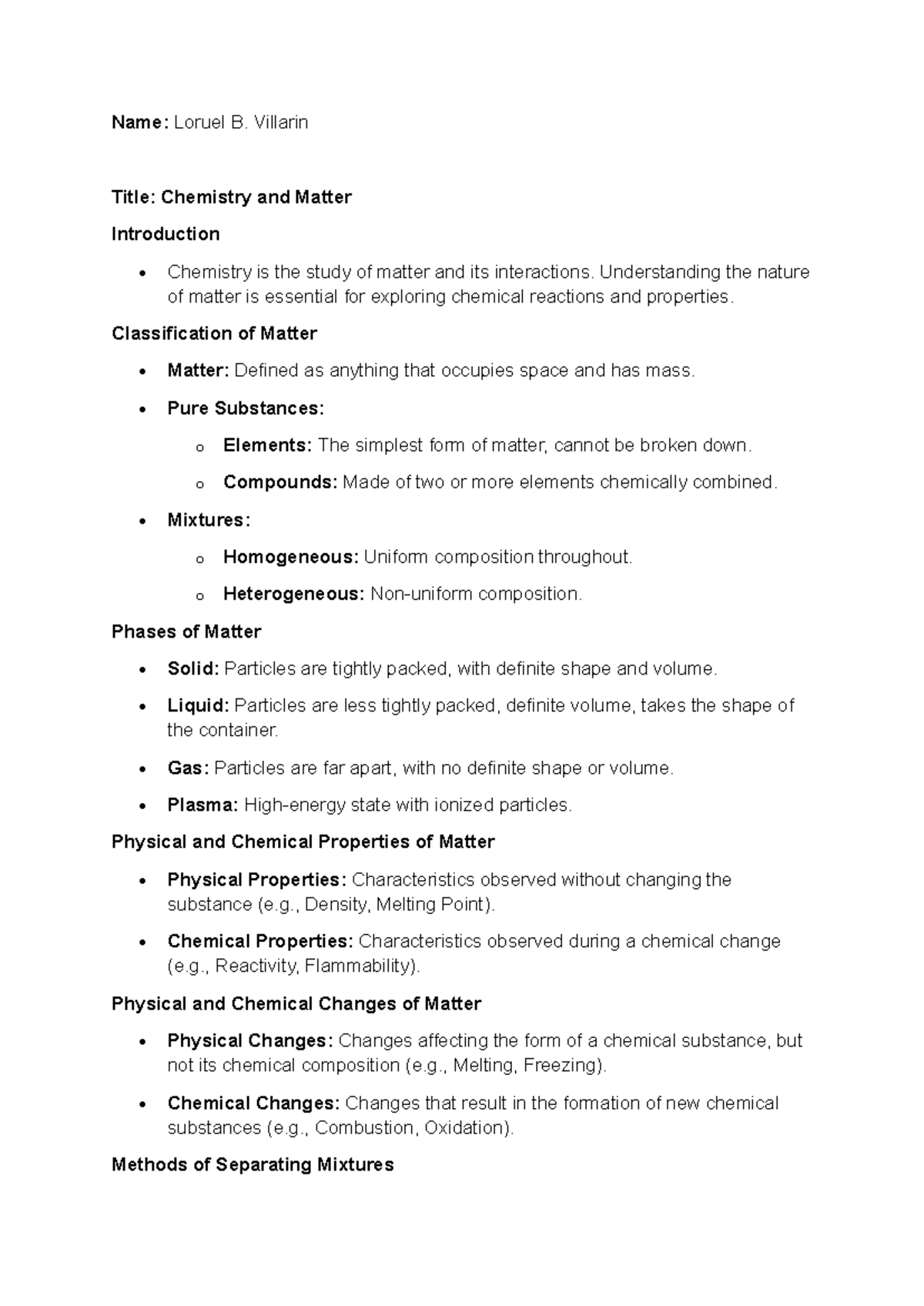 Chemistry and Matter Overview - CHEM101 Lecture Notes by Villarin - Studocu