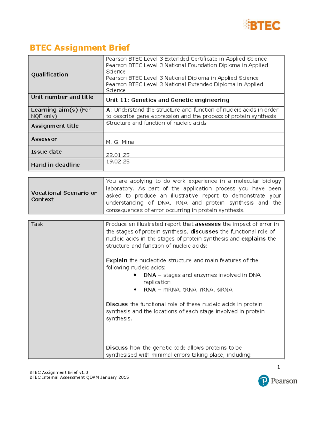 Unit 11: Genetics & Genetic Engineering Assignment A Brief 2024-2025 ...
