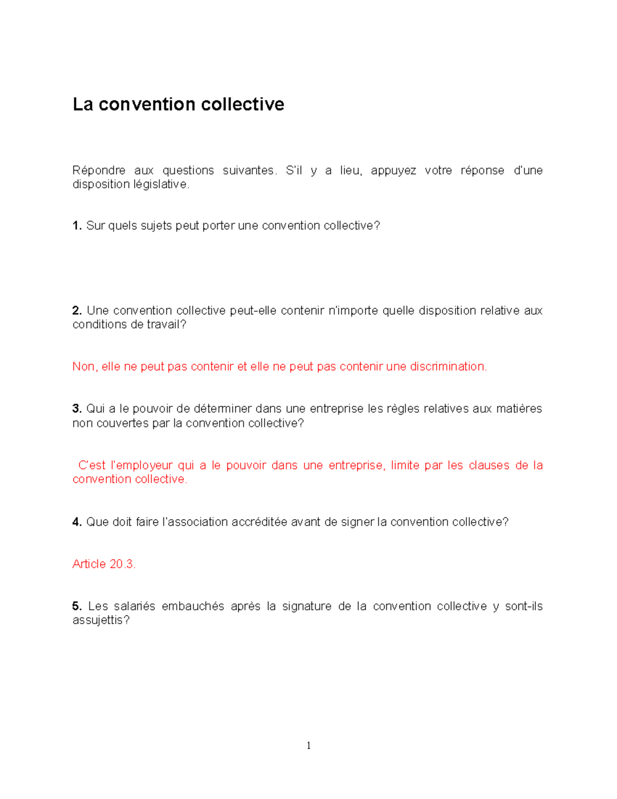 Questions - Cours sur La Convention Collective E - Studocu