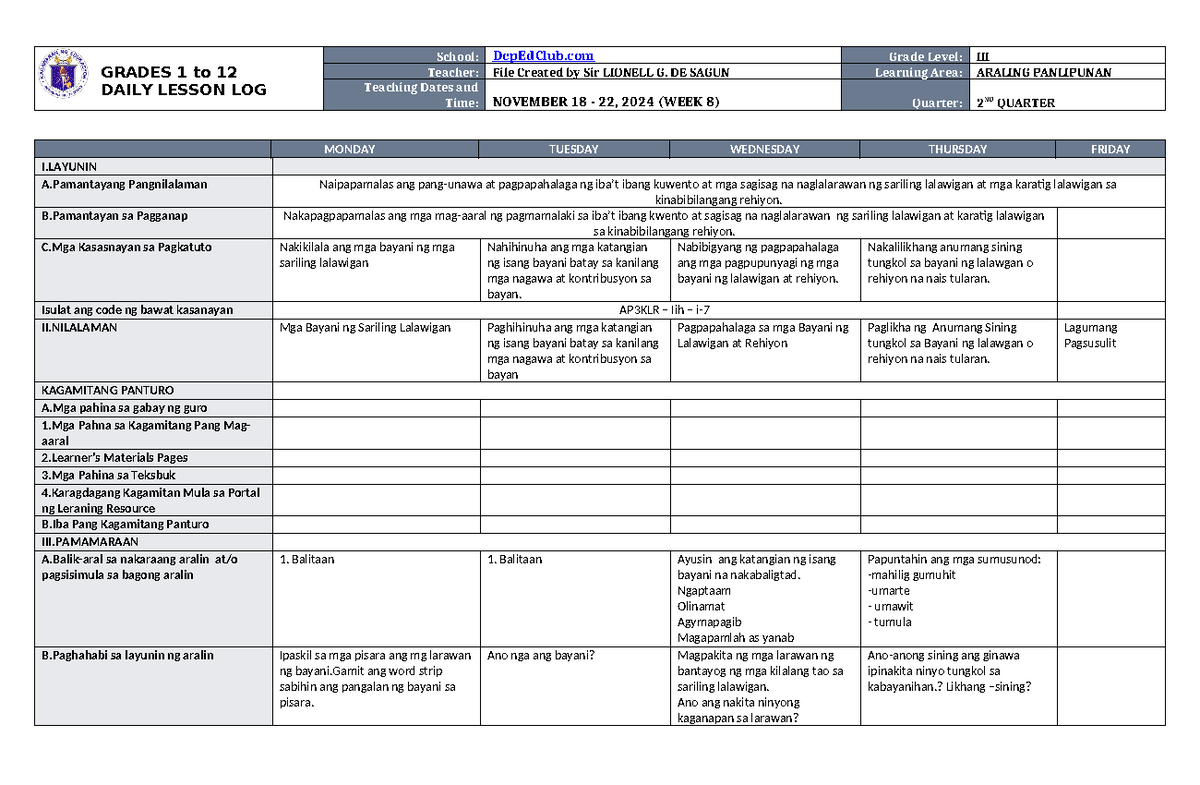 DLL Araling Panlipunan 3 Q2 W8 - GRADES 1 to 12 DAILY LESSON LOG School ...