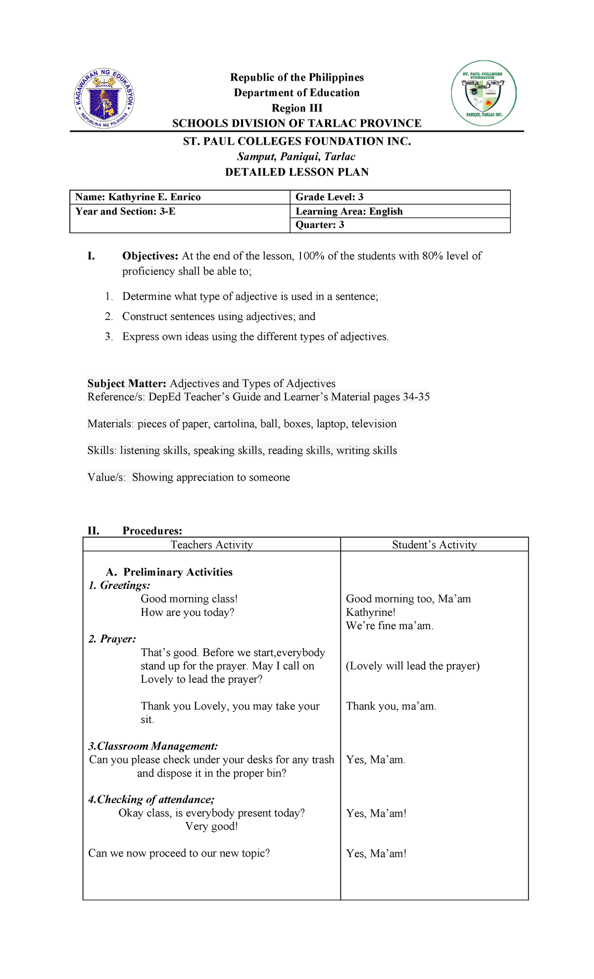 Detailed Lesson Plan on Adjectives for Grade 3 - BEED3-E - Studocu