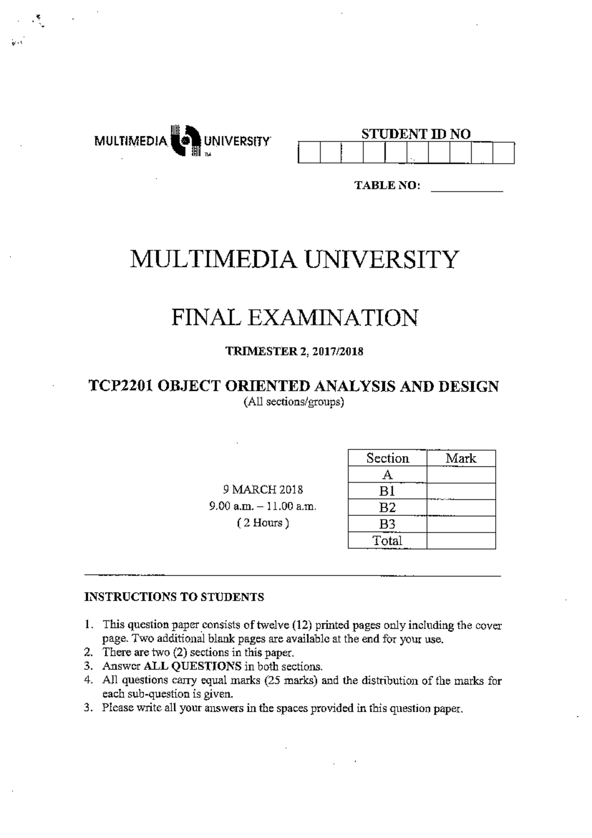 TCP2201 Final Exam Questions for Object Oriented Analysis - March 9 ...