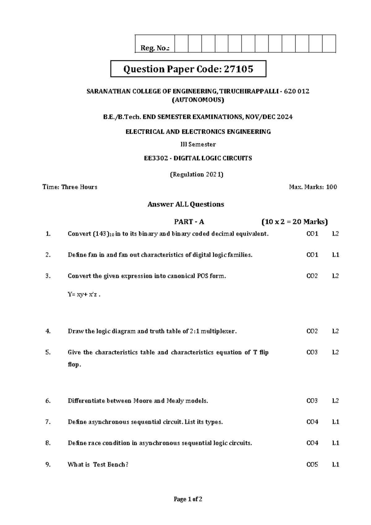 EE3302 Final Exam Question Paper - Digital Logic Circuits 2024 - Studocu