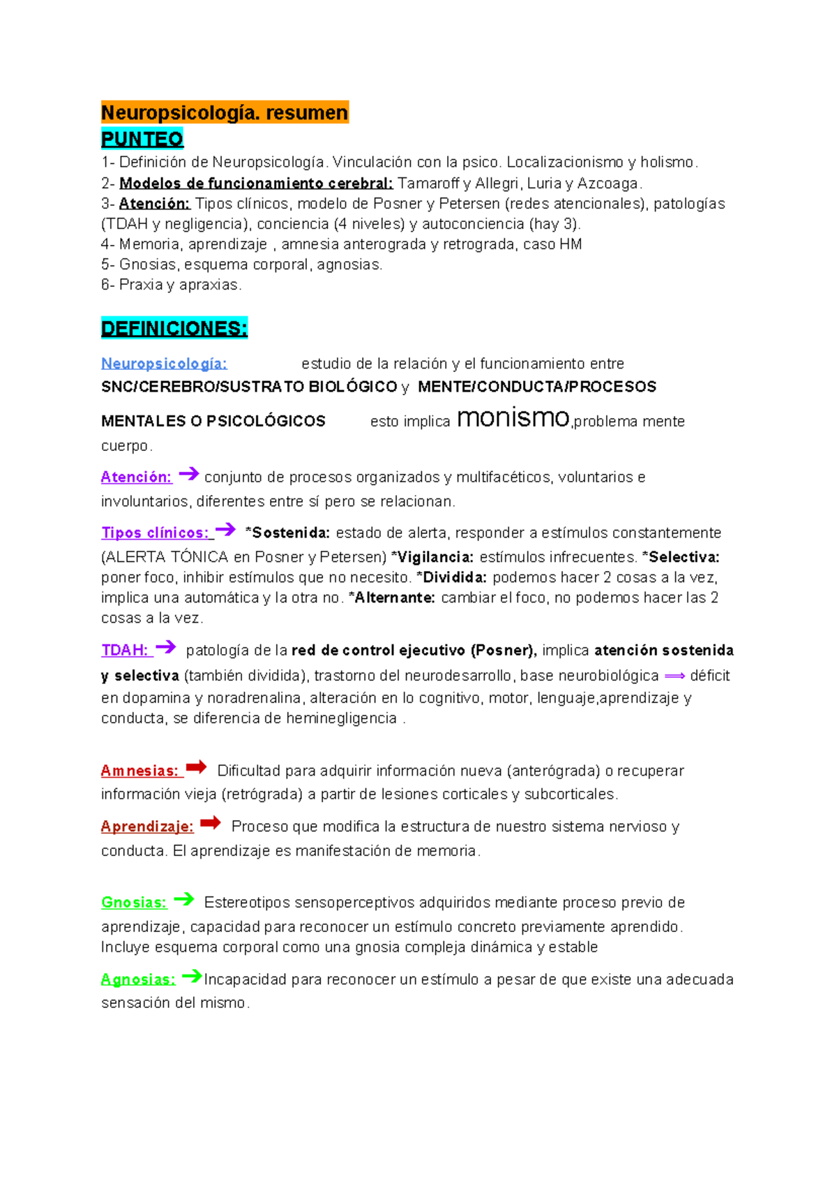 Neuropsicología: Resumen y Punteo para Neuro 1º Parcial - Studocu