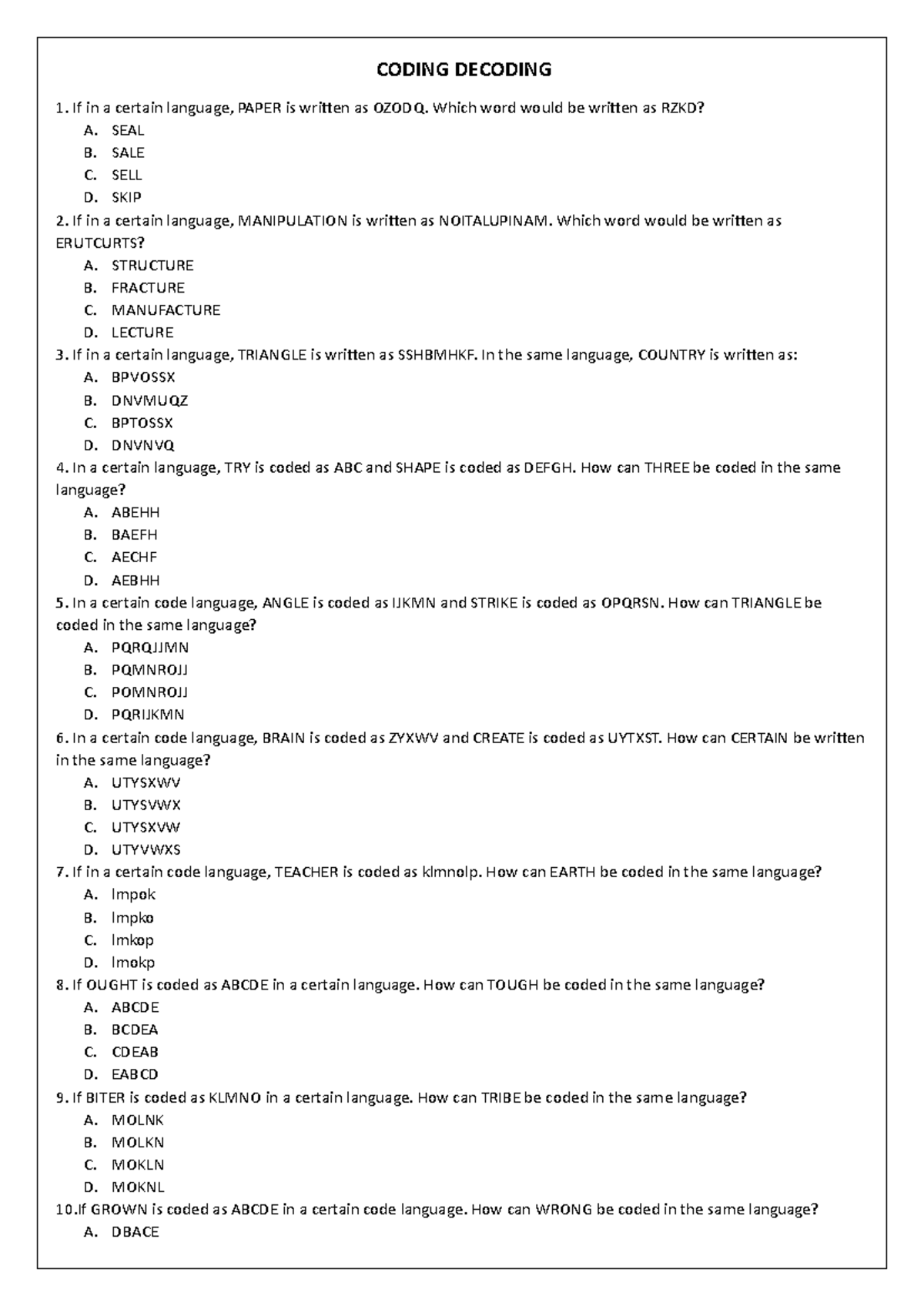 Coding Decoding Practice Sheet - Exercises and Solutions - Studocu