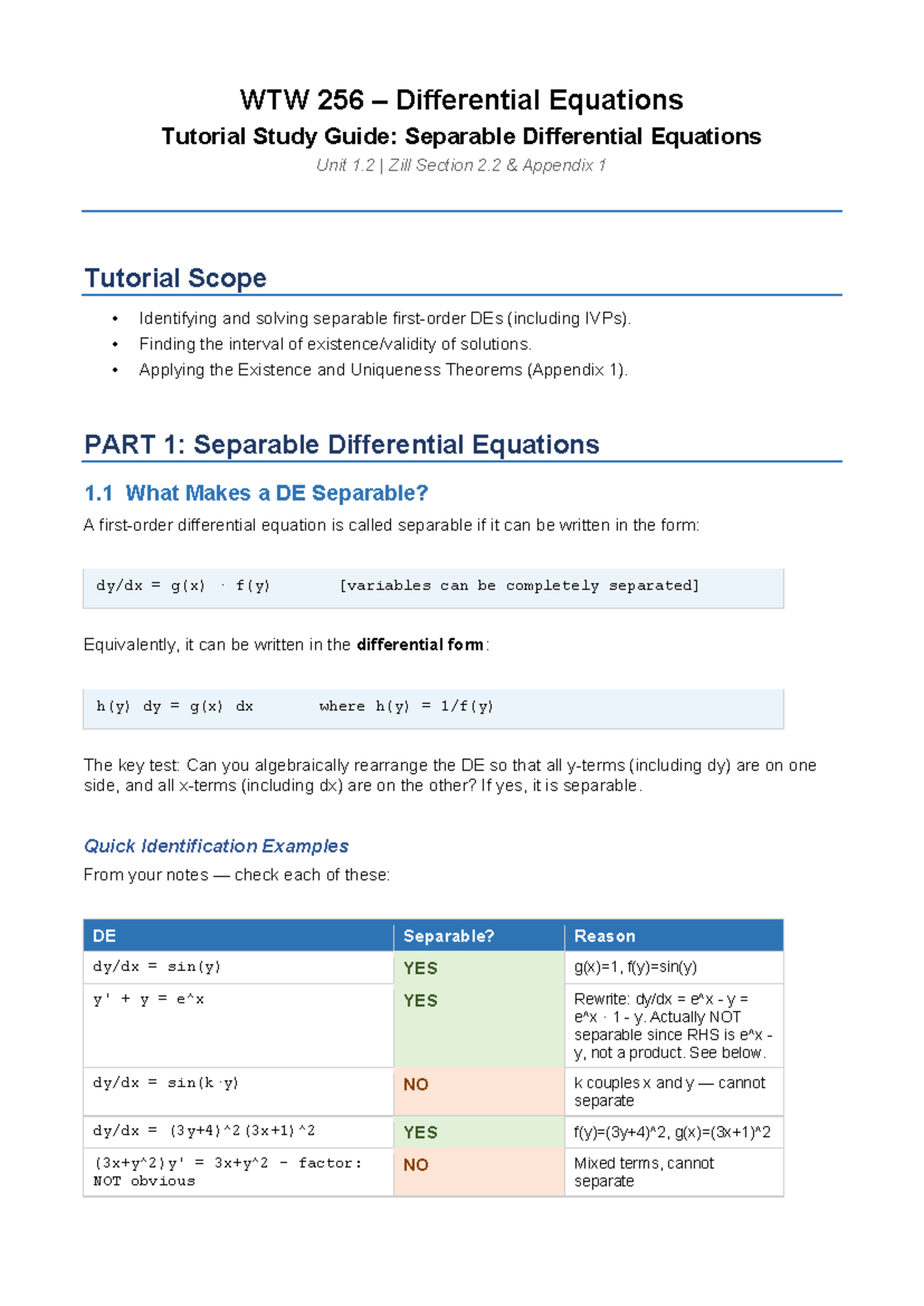 WTW 256 Differential Equations Tutorial: Separable DEs & IVPs Guide ...