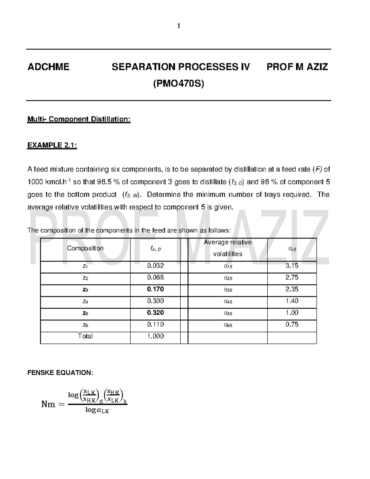 PMO470S - Multi-Component Distillation Example 1 Analysis - 2023 - Studocu