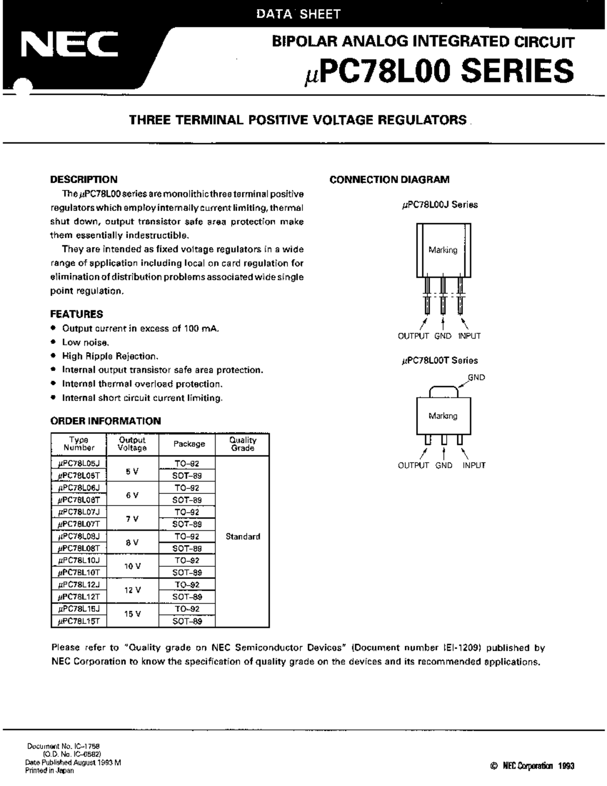 NEC uPC78L00 Series: Three Terminal Positive Voltage Regulators Guide ...