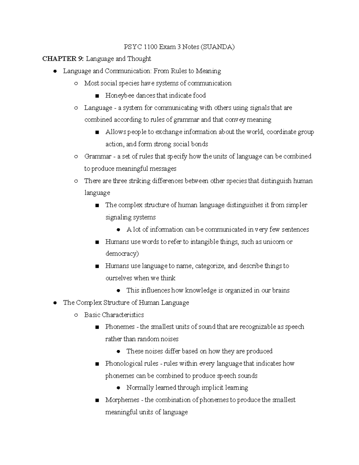 PSYC 1100 Exam 3 Comprehensive Language & Thought Notes - Studocu