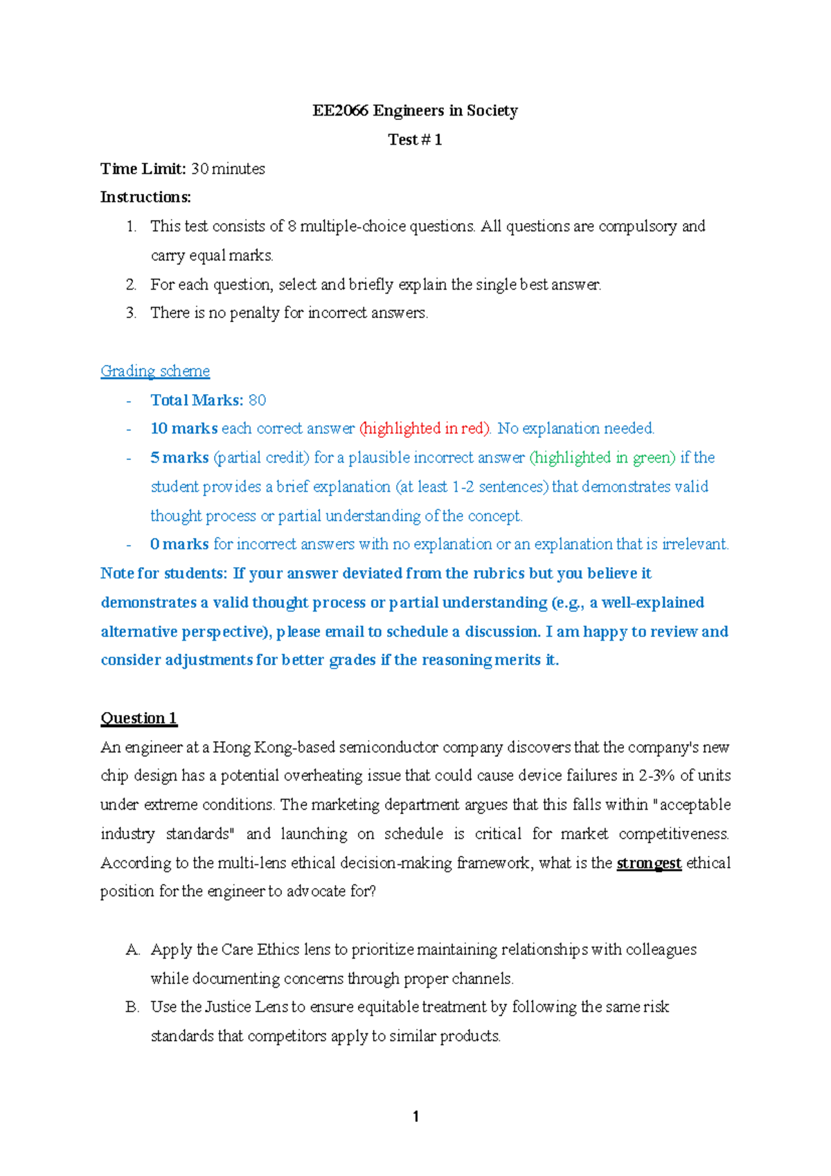 EE2066 Engineers in Society Test 1 Solutions and Analysis - Studocu