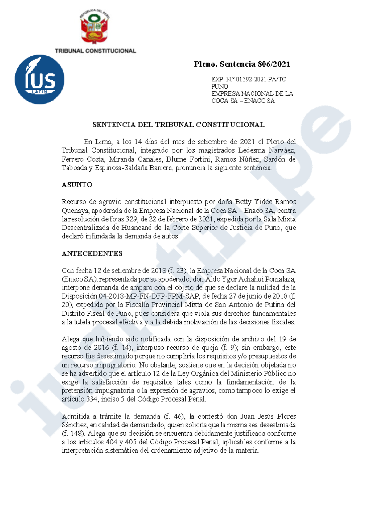 Sentencia del Tribunal Constitucional: EXP. PUNO ENACO SA 2021 - Studocu