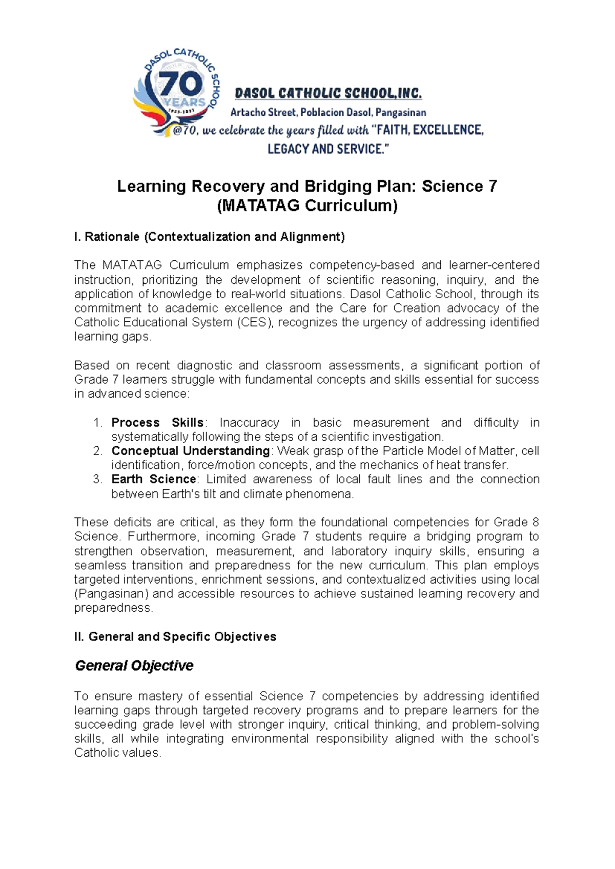 Learning Recovery Plan for Science 7 (MATATAG Curriculum) - Studocu