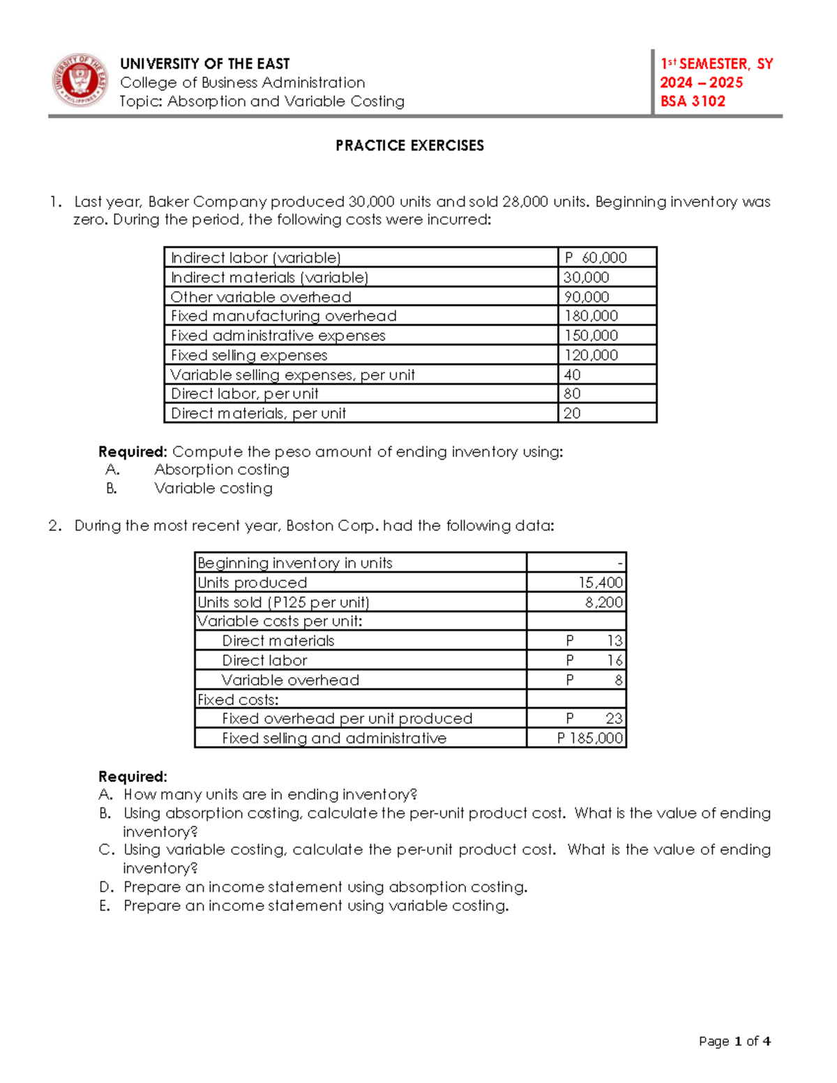 BSA 3102 Absorption and Variable Costing Practice Exercises - Studocu