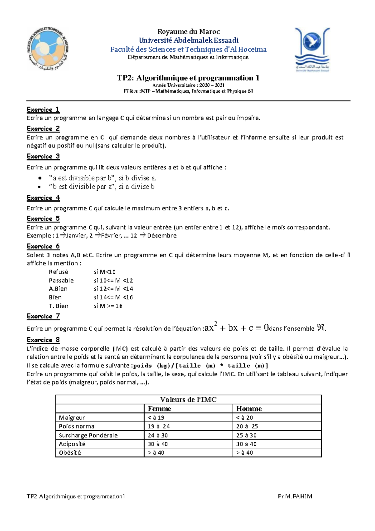 TP2 - Programmation 1 : Exercices en C - Université Abdelmalek Essaadi ...