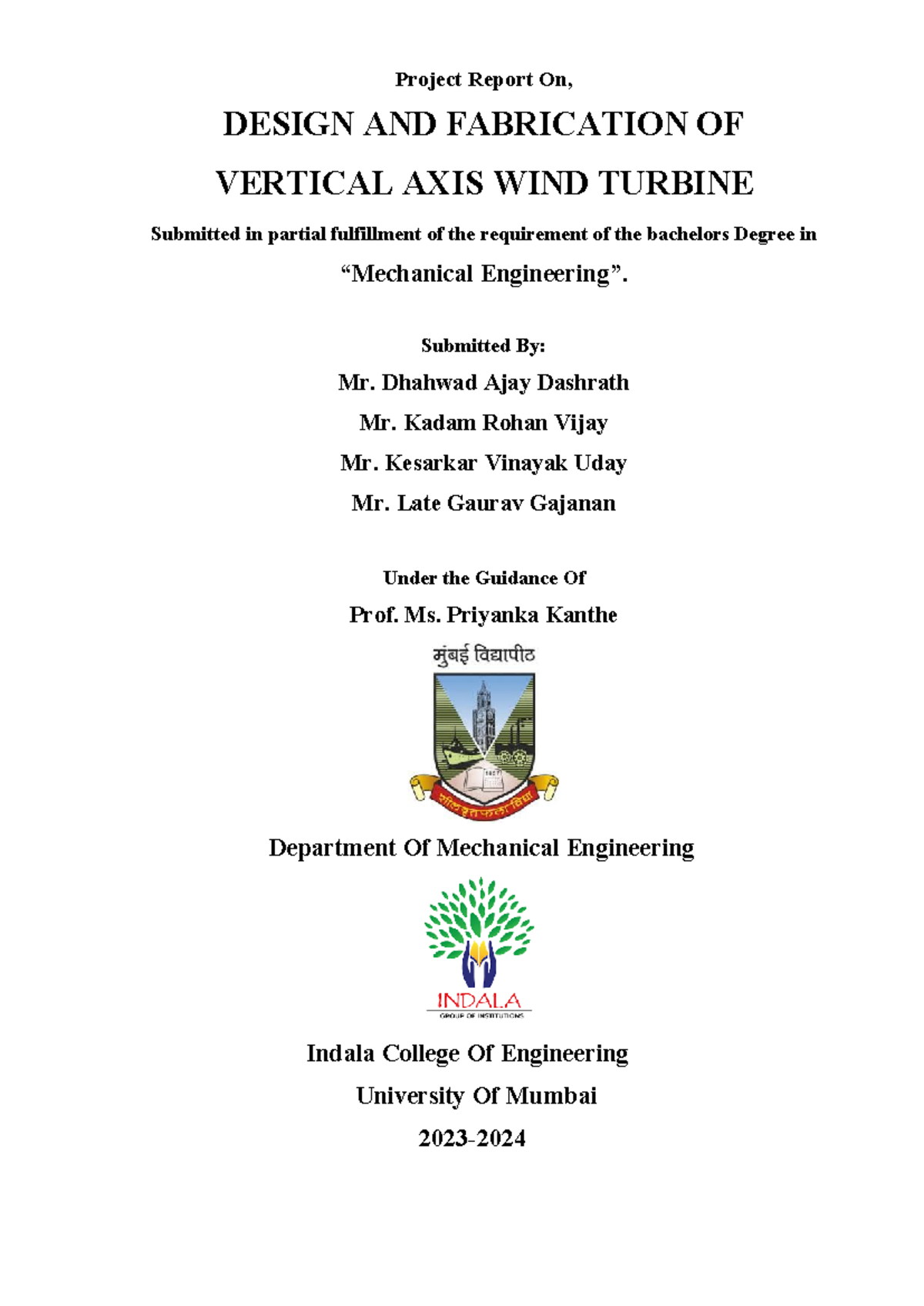 **ME 2023: Project Report on Design & Fabrication of Vertical Axis Wind ...