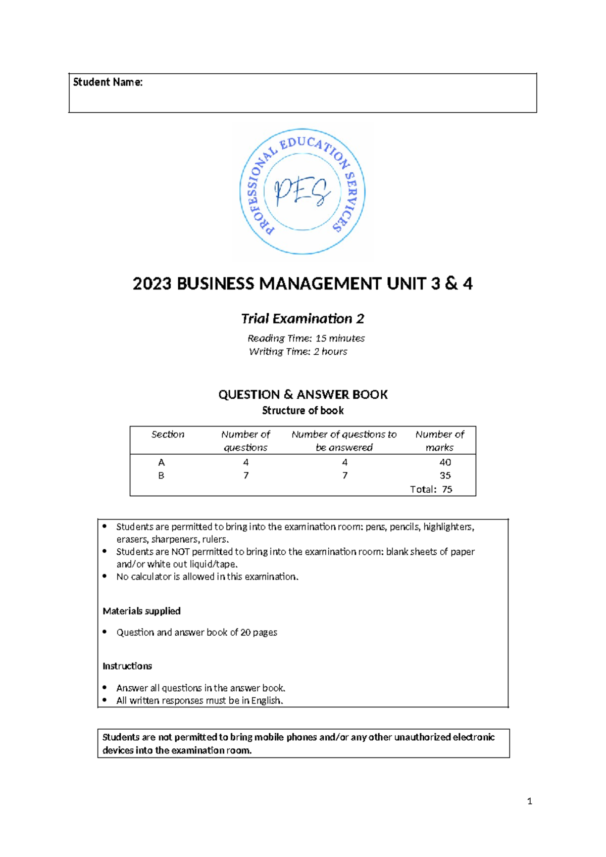 2023 PES Business Management Units 3&4 Trial Exam 2 - Question Book ...
