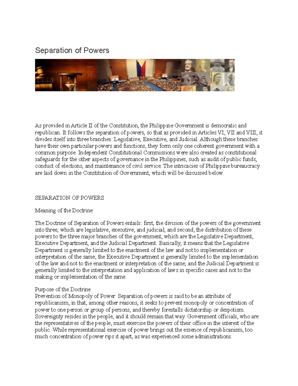 Separation of Powers - Law Lecture Notes I: Understanding the Doctrine ...