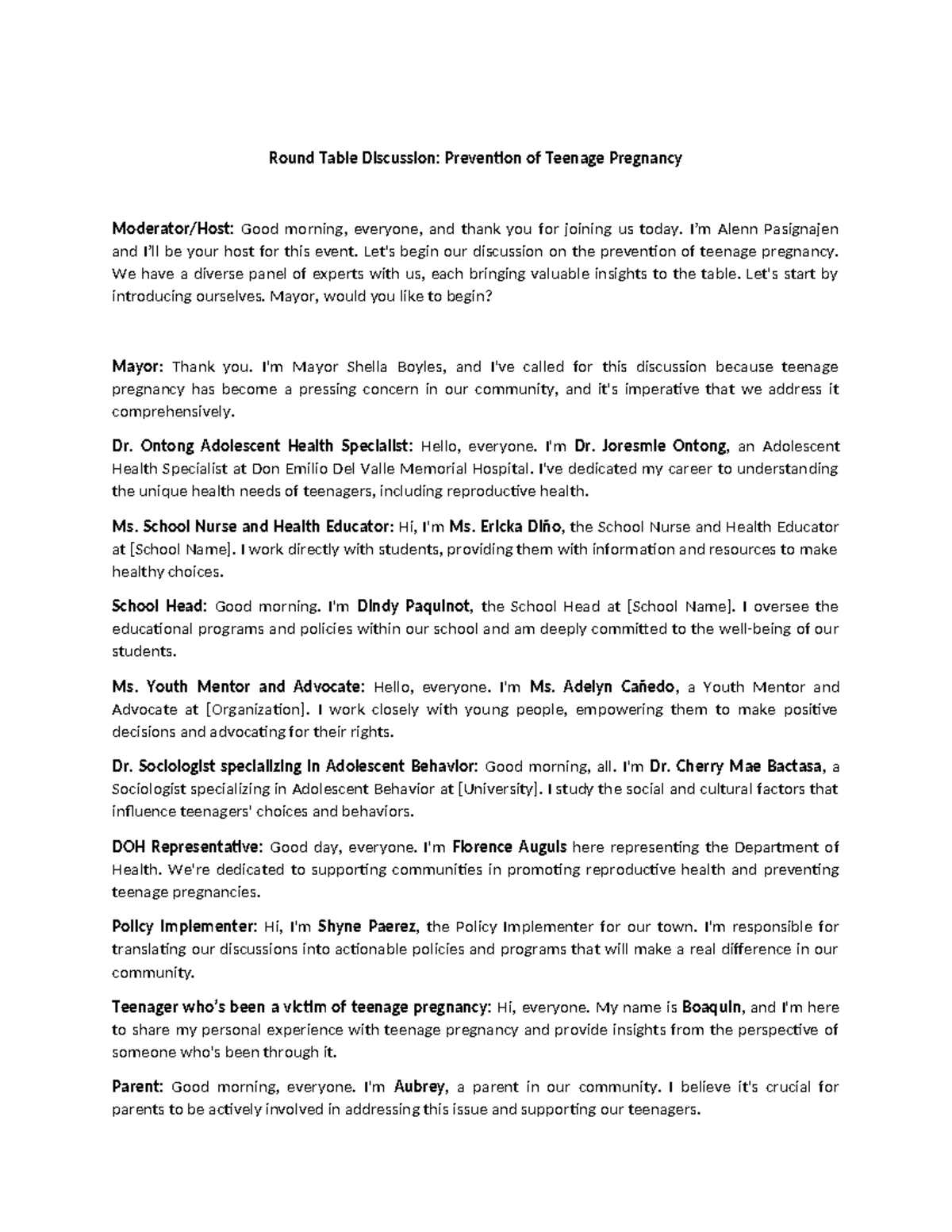 Round Table Discussion Script: Preventing Teenage Pregnancy - Studocu