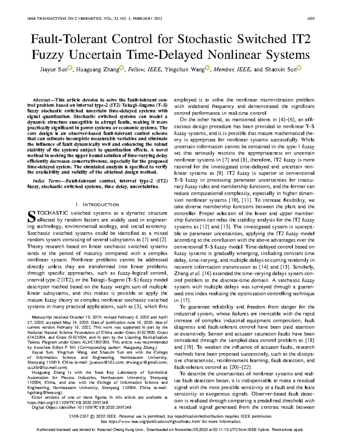 Fault-Tolerant Control for Stochastic IT2 Fuzzy Nonlinear Systems - Studocu