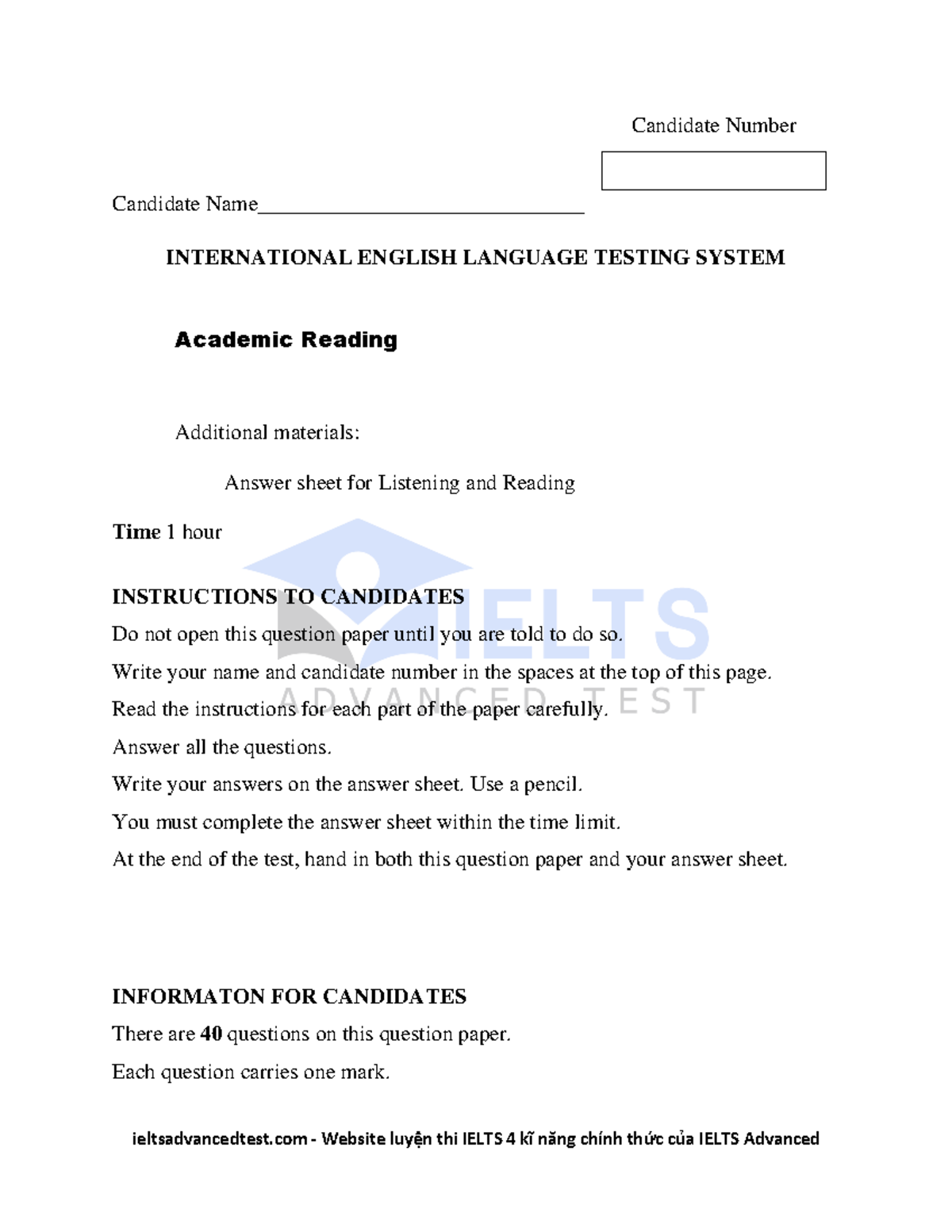 IELTS Academic Reading Test 2 - Candidate Instructions and Materials ...