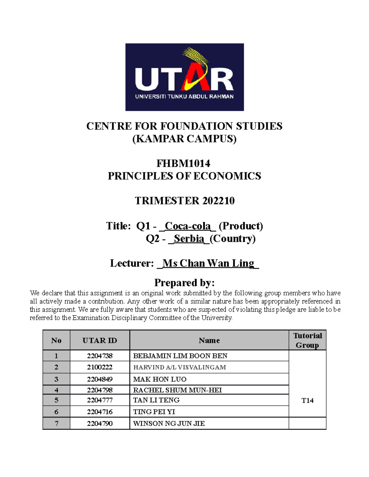 UTAR FHBM ECO Assignment: Coca-Cola & Serbia Analysis (Sem 1 2022 ...