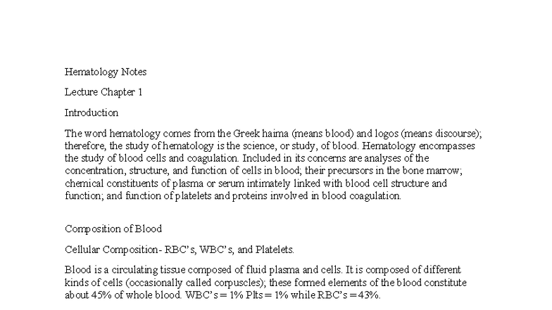Hematology Lecture Notes - Chapter 1 Overview and Blood Composition ...