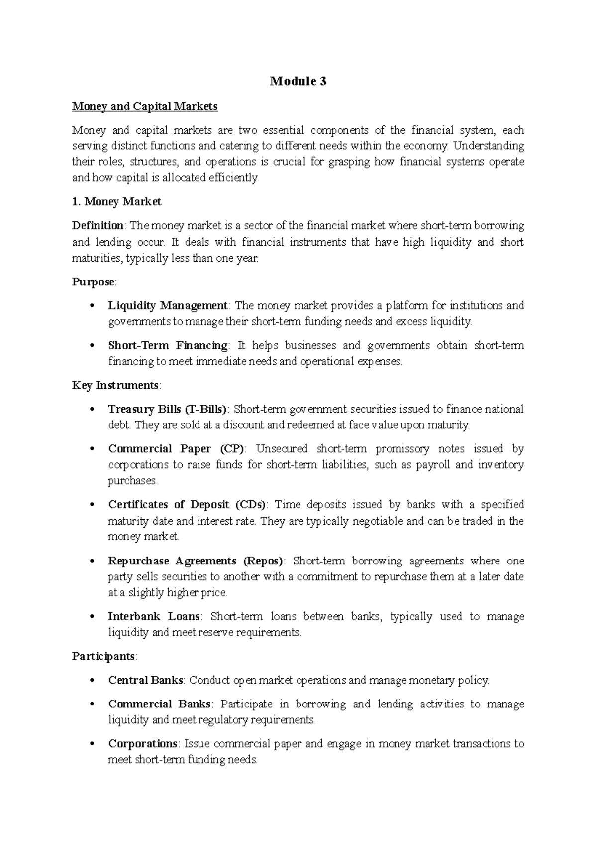 Module 3 - Money and Capital Markets Overview and Key Concepts - Studocu