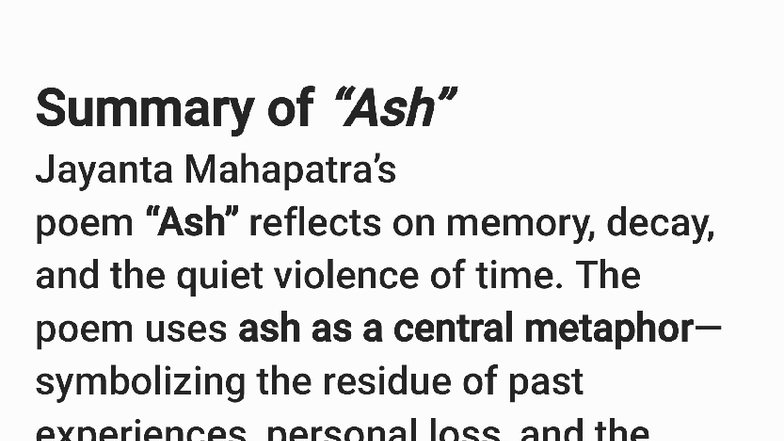 Summary of Jayanta Mahapatra's Poem: Ash and Memory - Studocu