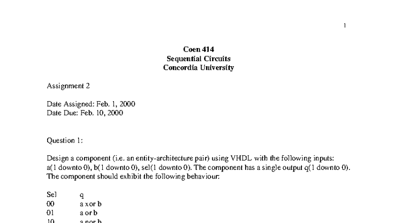 Coen 414 Assignment 2: VHDL Component Design & Register Logic - Studocu