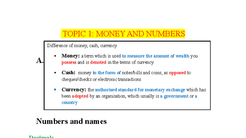 AVCN Topic 1: Money, Currency, and Numbers Vocabulary - Studocu