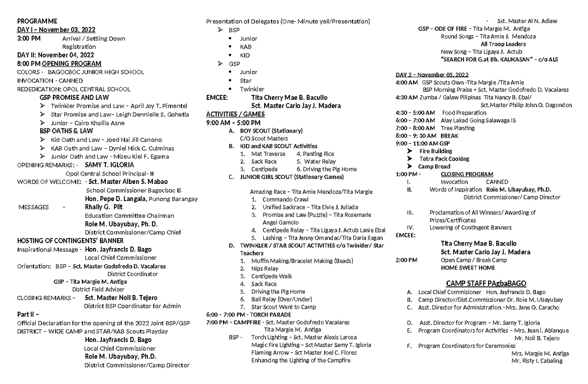 Joint GSP BSP District Camp 2022 - PROGRAMME DAY I – November 03, 2022 ...