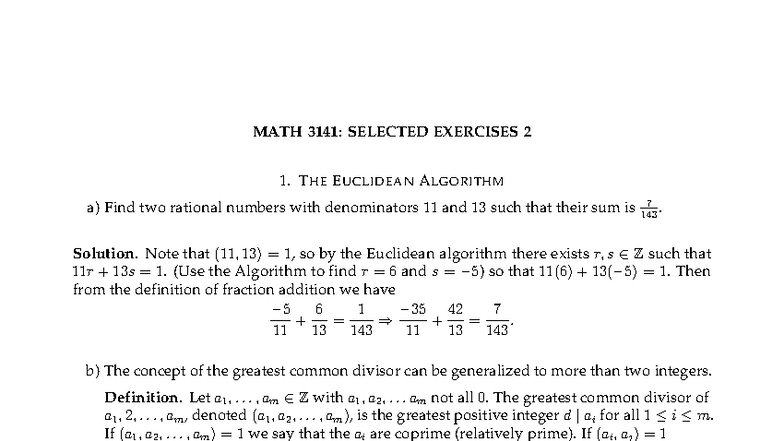 MATH 3141: Selected Exercises 2 on Euclidean Algorithm and GCD - Studocu