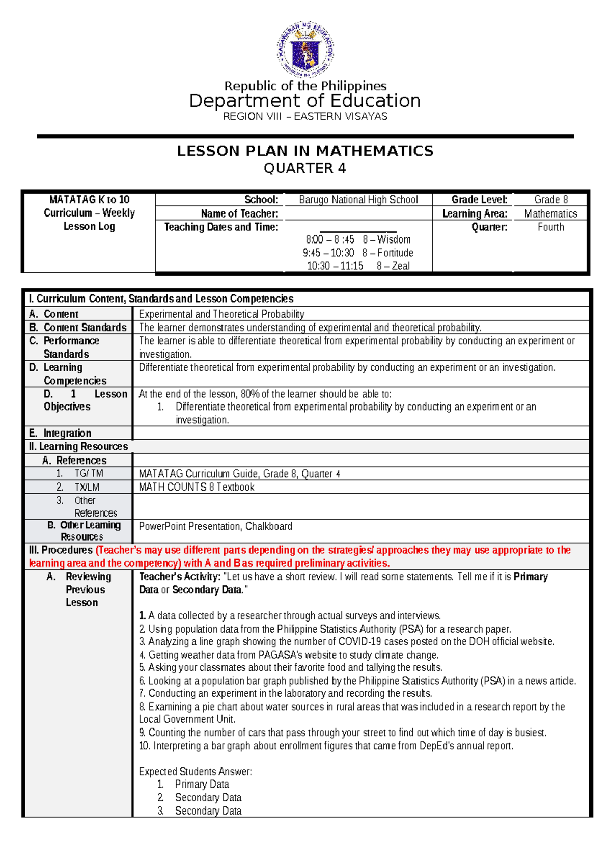 Grade 8 Math Lesson Plan: Theoretical & Experimental Probability (Q4 ...