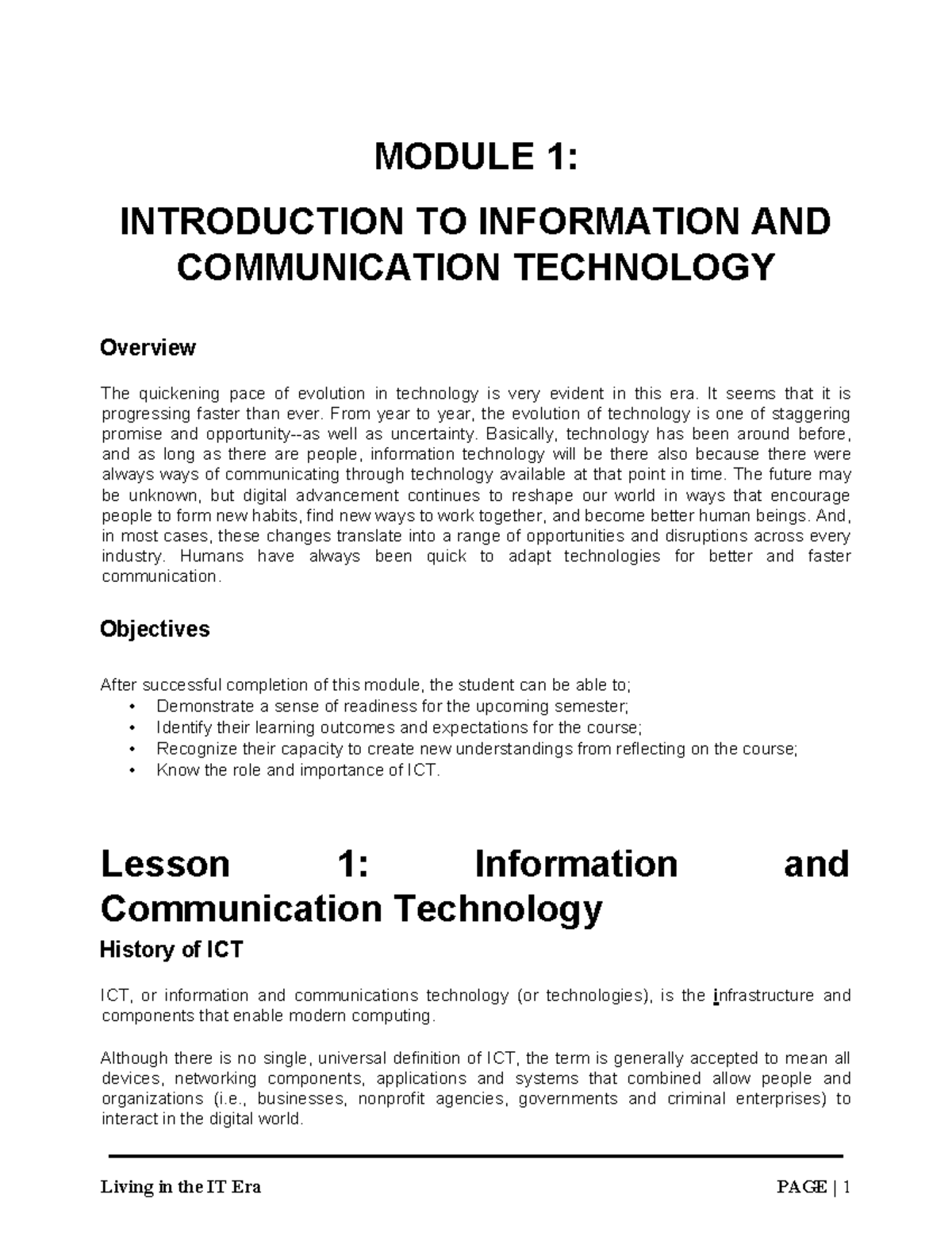 Module 1: Living in the IT Era - Introduction to ICT and Its Impact ...