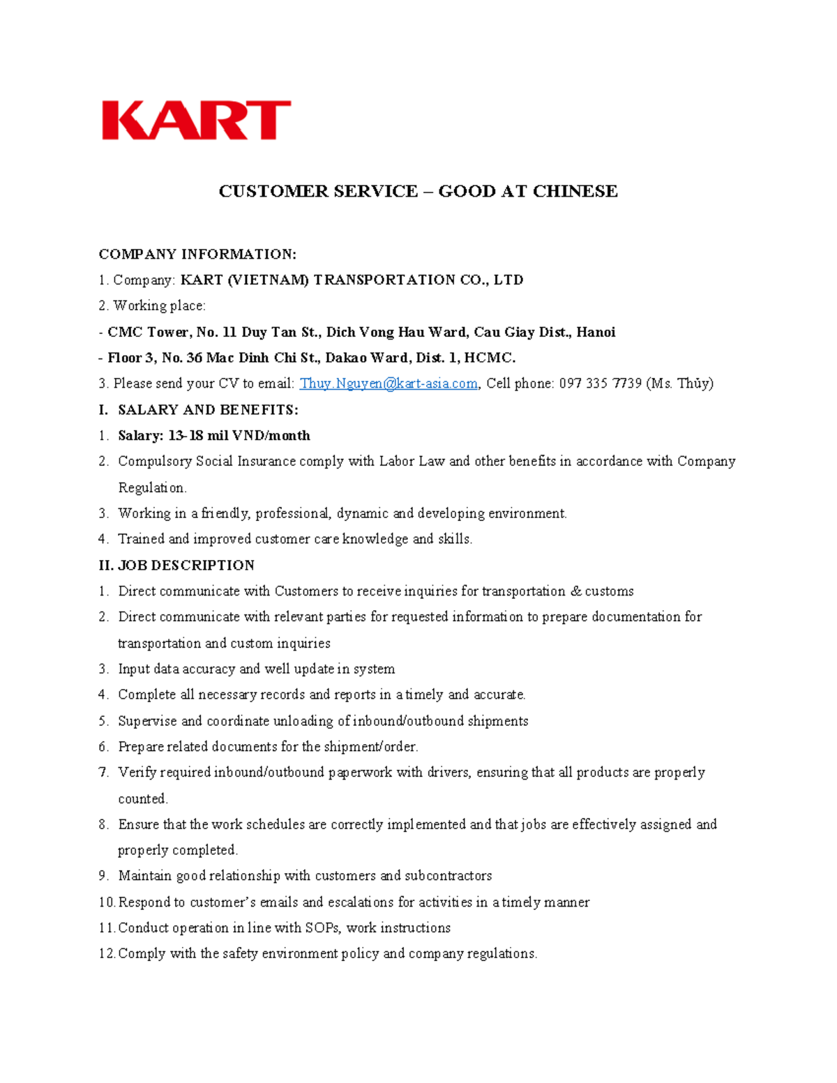 JD- Customer Service Role at KART Transportation (Vietnam) - Studocu