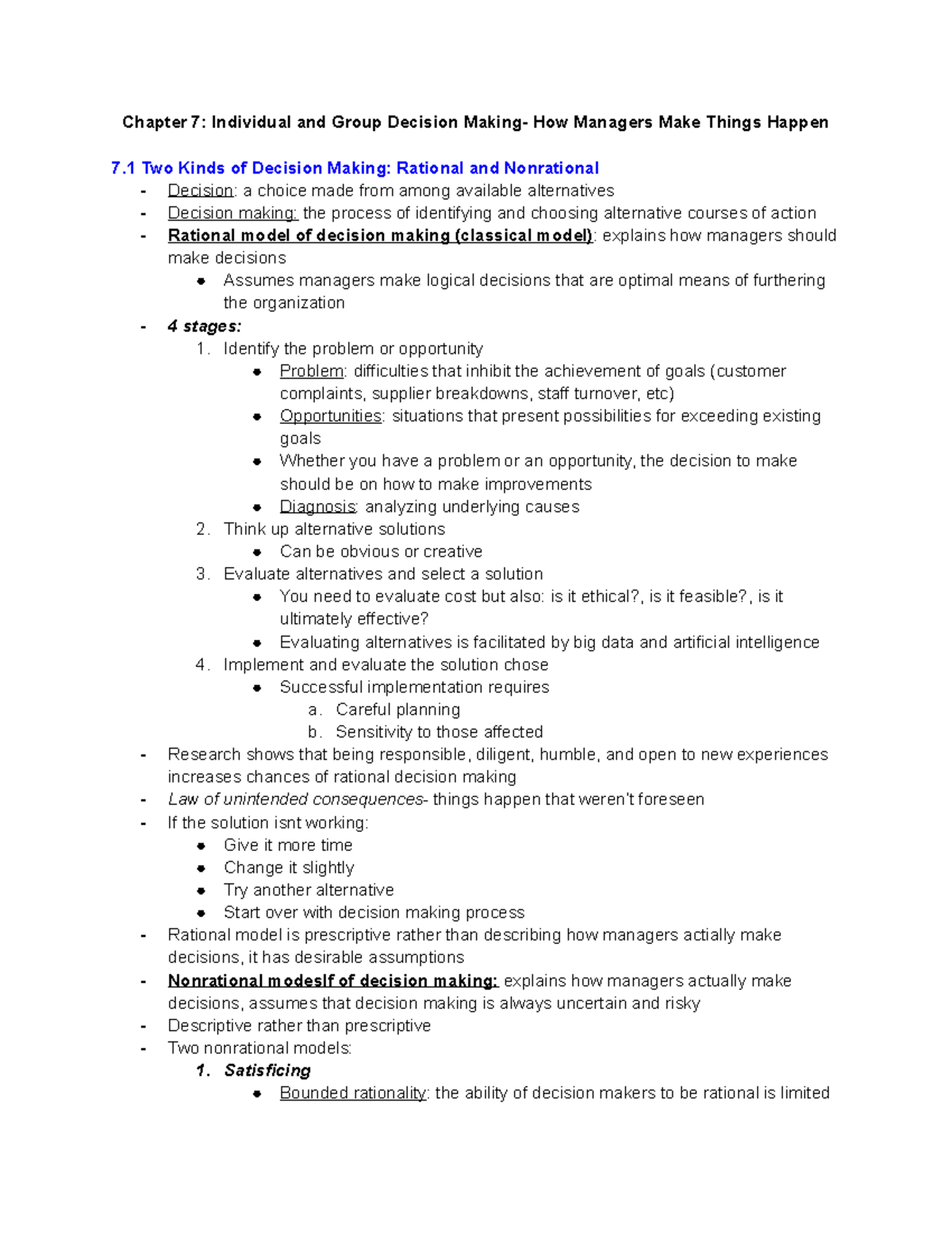 Chapter 7 - Decision Making in Management: Key Concepts & Models - Studocu