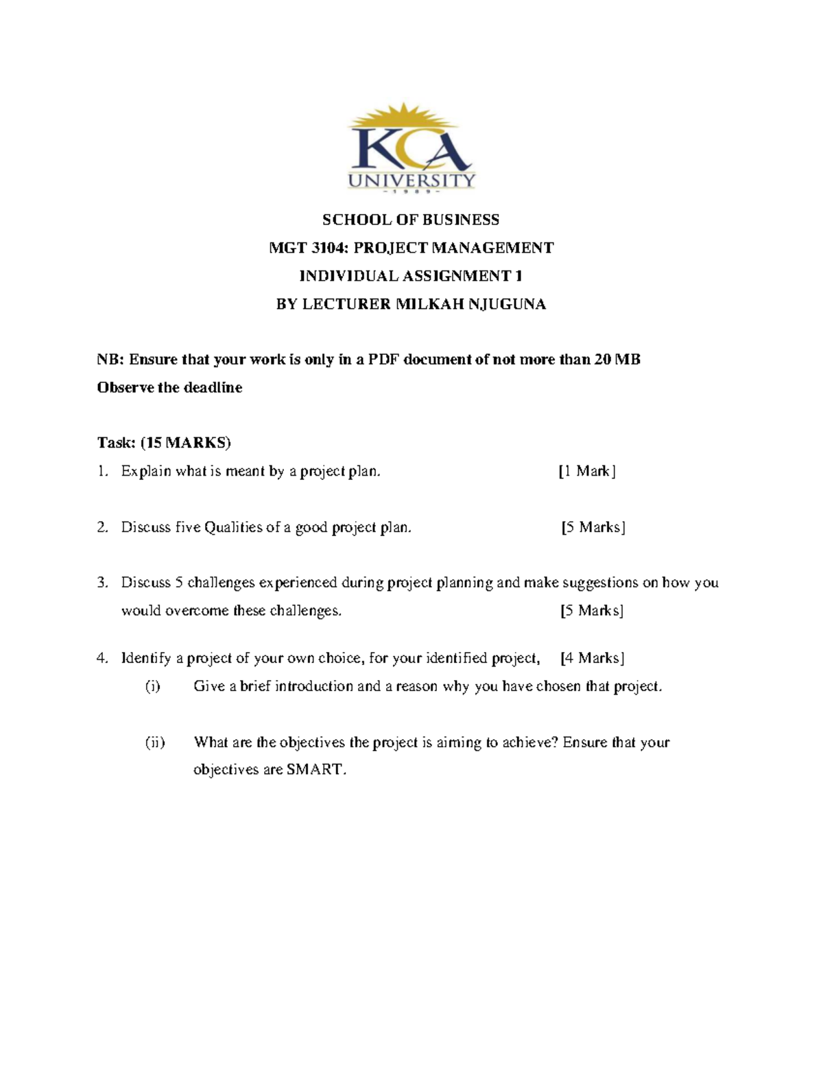 MGT 3104: Project Management Individual Assignment 1 - Studocu