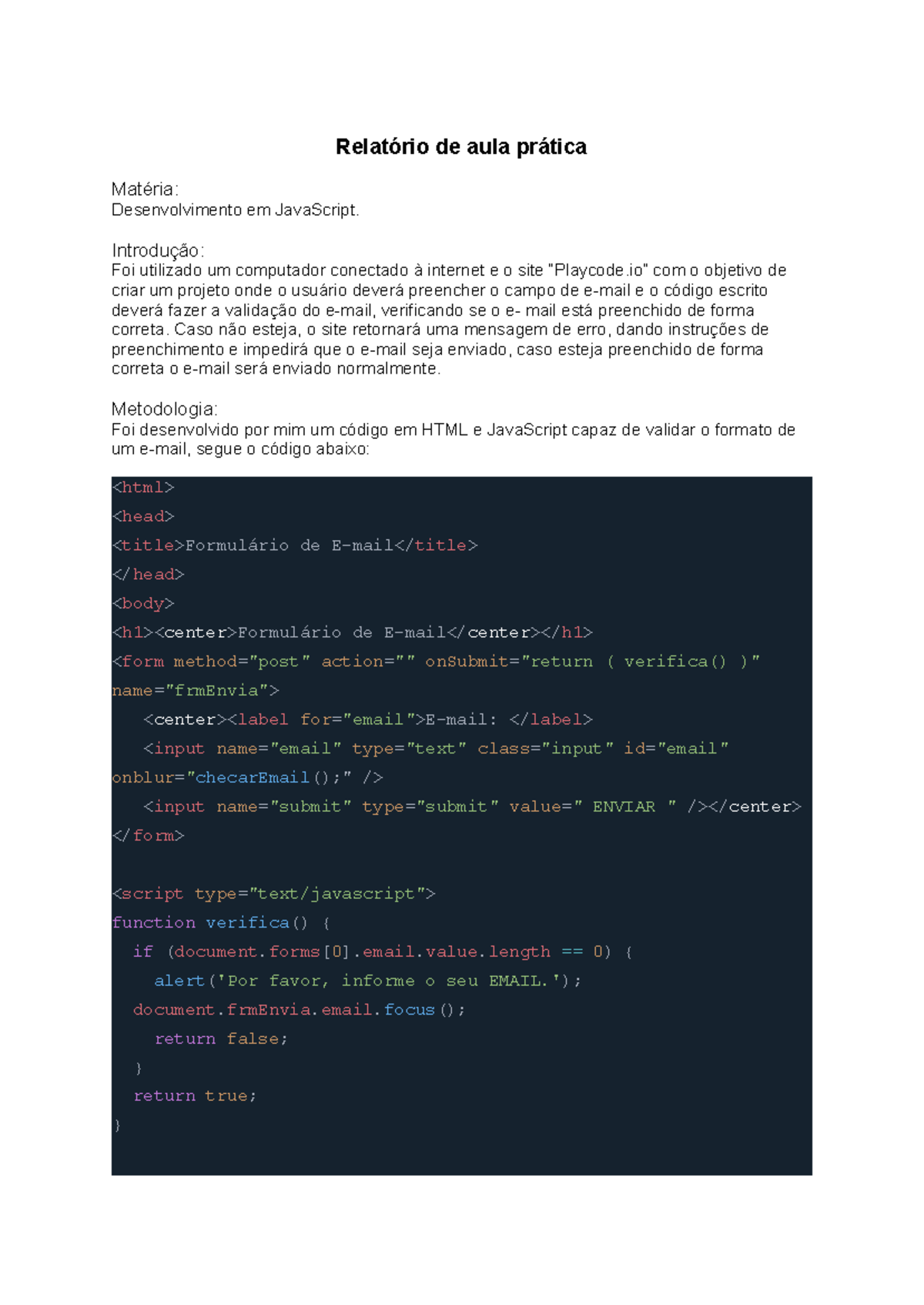Relatório de Aula Prática: Validação de E-mail com JavaScript - Studocu