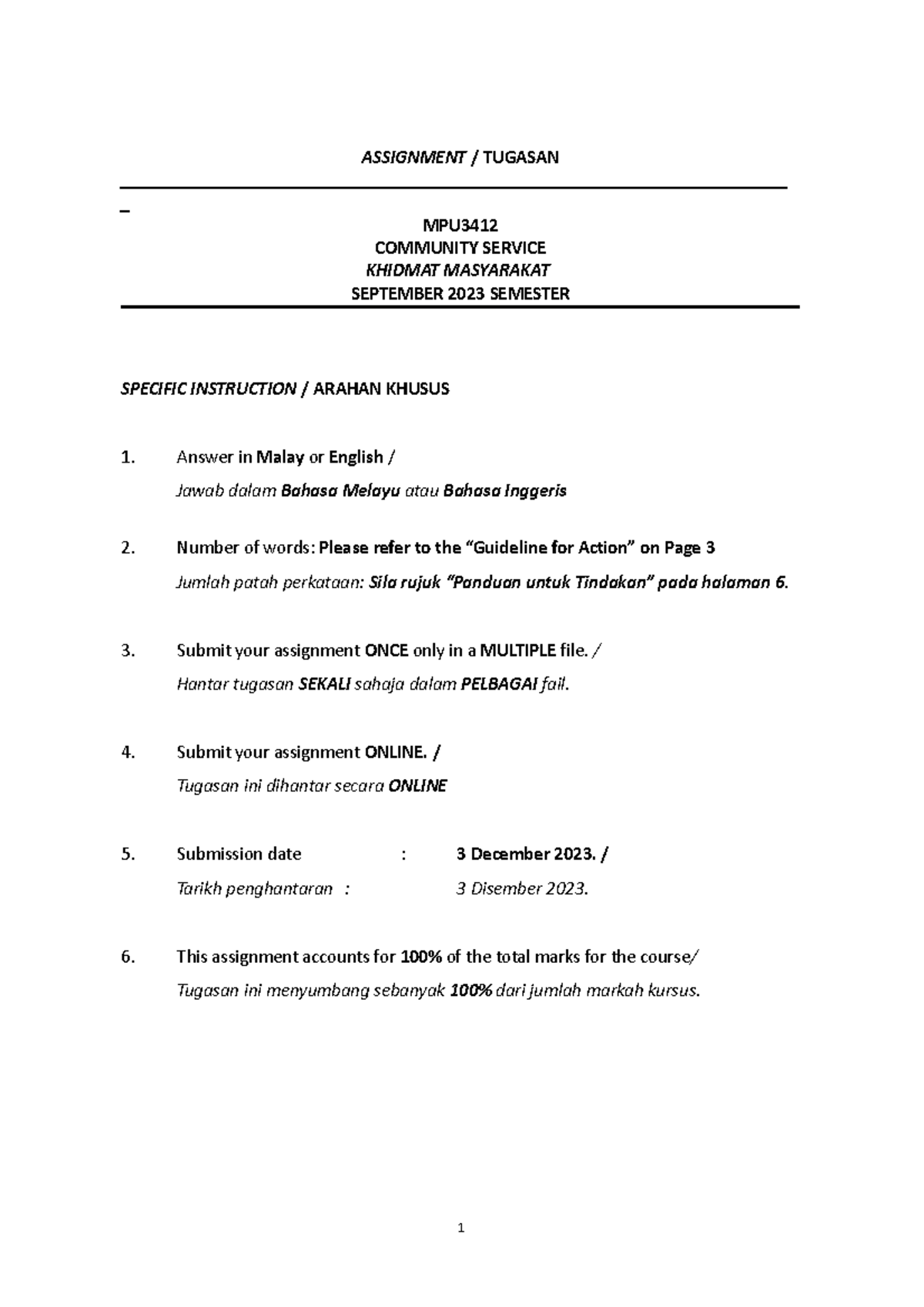 MPU3412 Community Service - Assignment - ASSIGNMENT / TUGASAN - Studocu