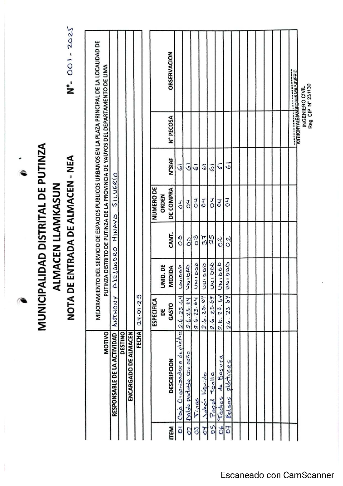Nota de Entrada de Almacén - NEA N° 001-011-2025 para Mejoramiento de Espacios - Document Preview